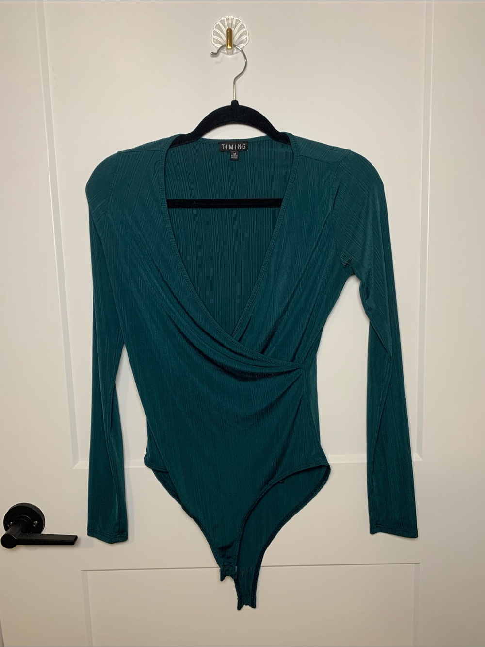 Timing Teal Ribbed Wrap-Front Long-Sleeve One-Piece